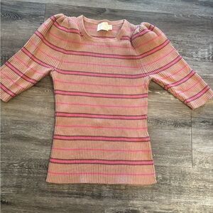 Striped Pink and Brown Puff Sleeve Sweater